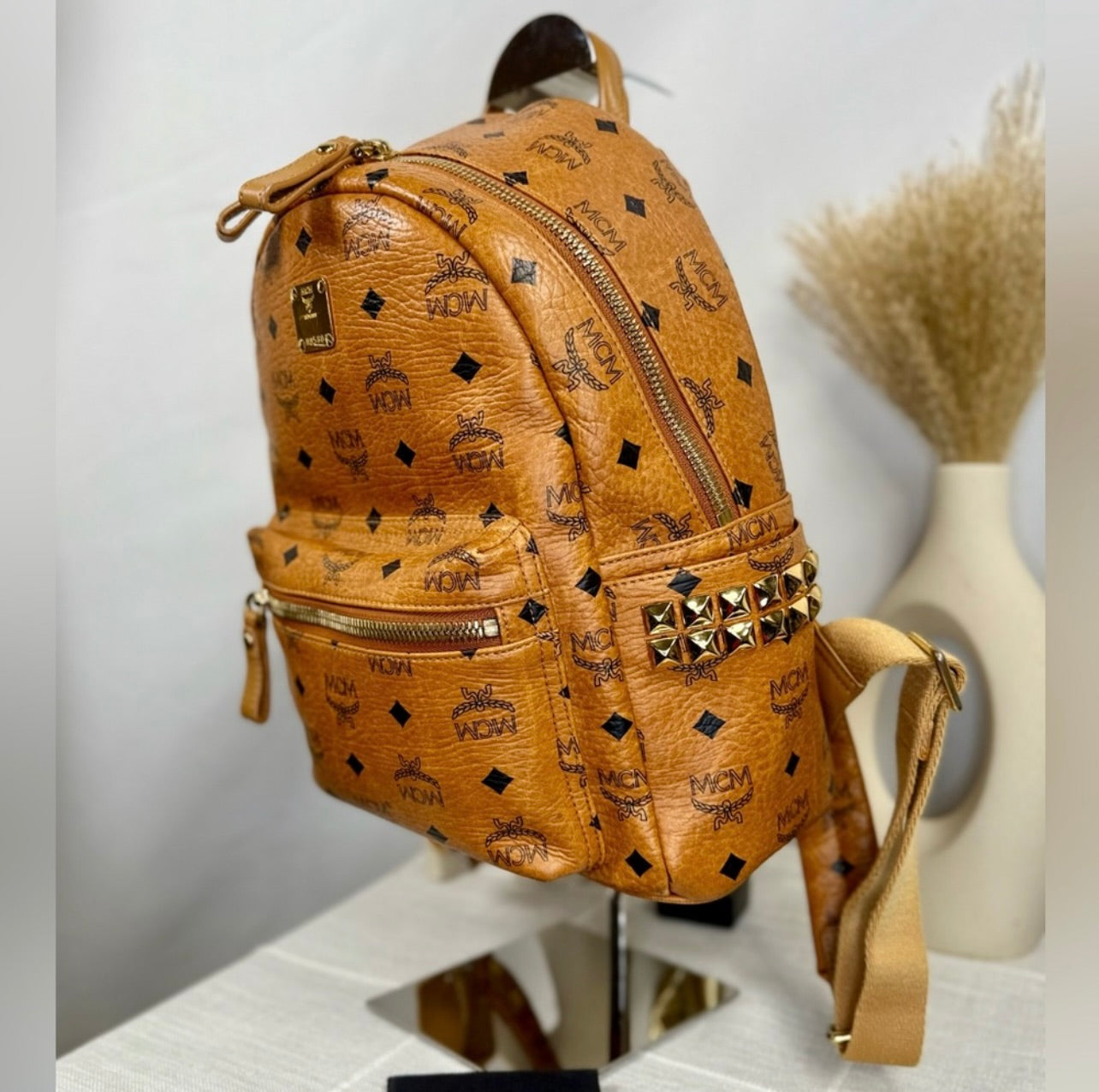 MCM Unisex Small Cognac Stark Visetos Side-Stud Backpack