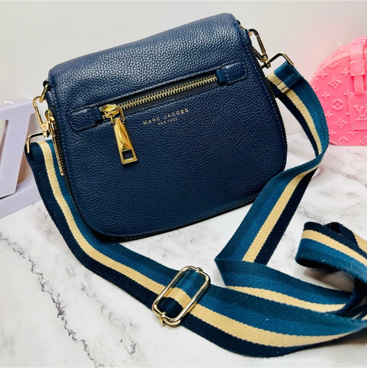Marc Jacobs Small Navy Blue Pebbled Leather Gotham Saddle Bag