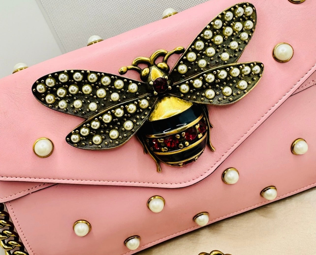 Gucci Sugar Pink Leather Mini Pearl Studded Queen Margaret Broadway Shoulder Bag