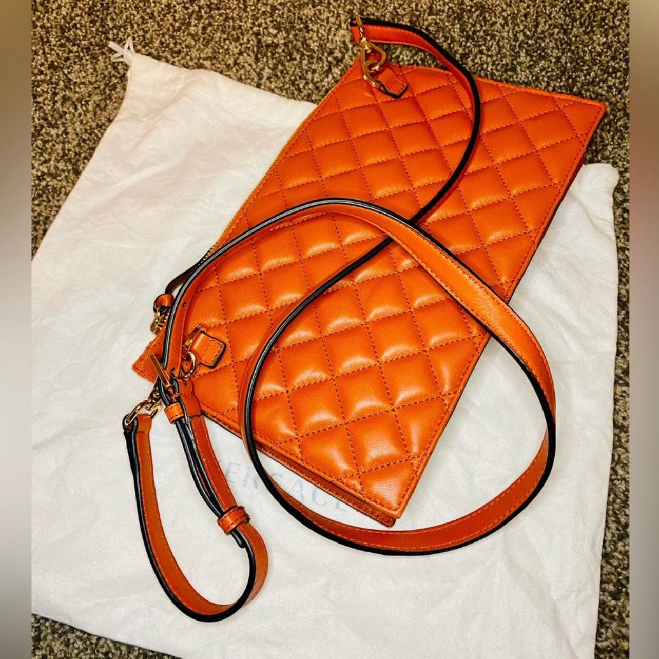 New Versace Quilted Dark Orange Lambskin Leather Small Crossbody Pouch