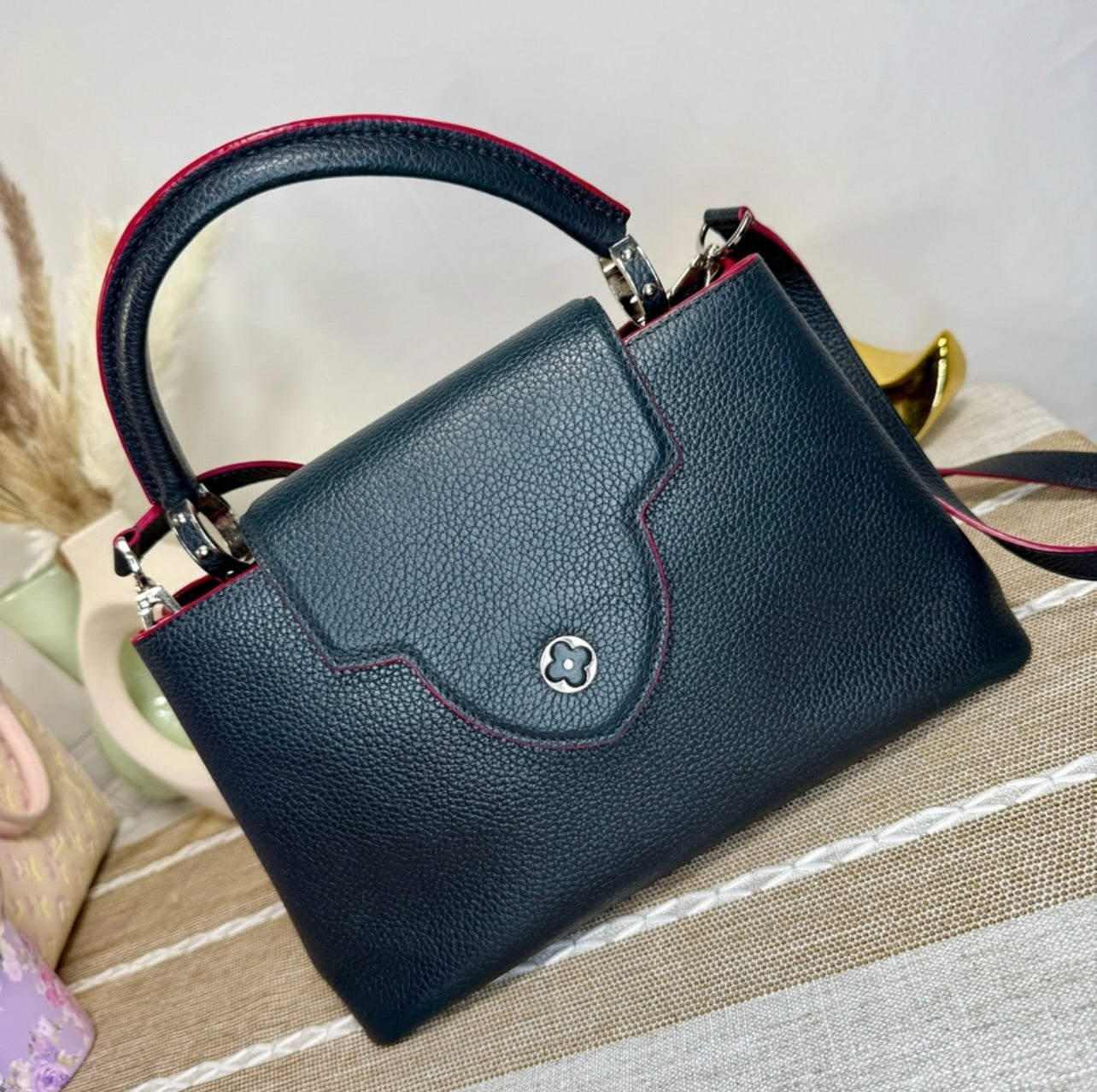 Louis Vuitton Cobalt Blue Taurillon Leather Capucines MM Bag w/ Fuchsia Trim