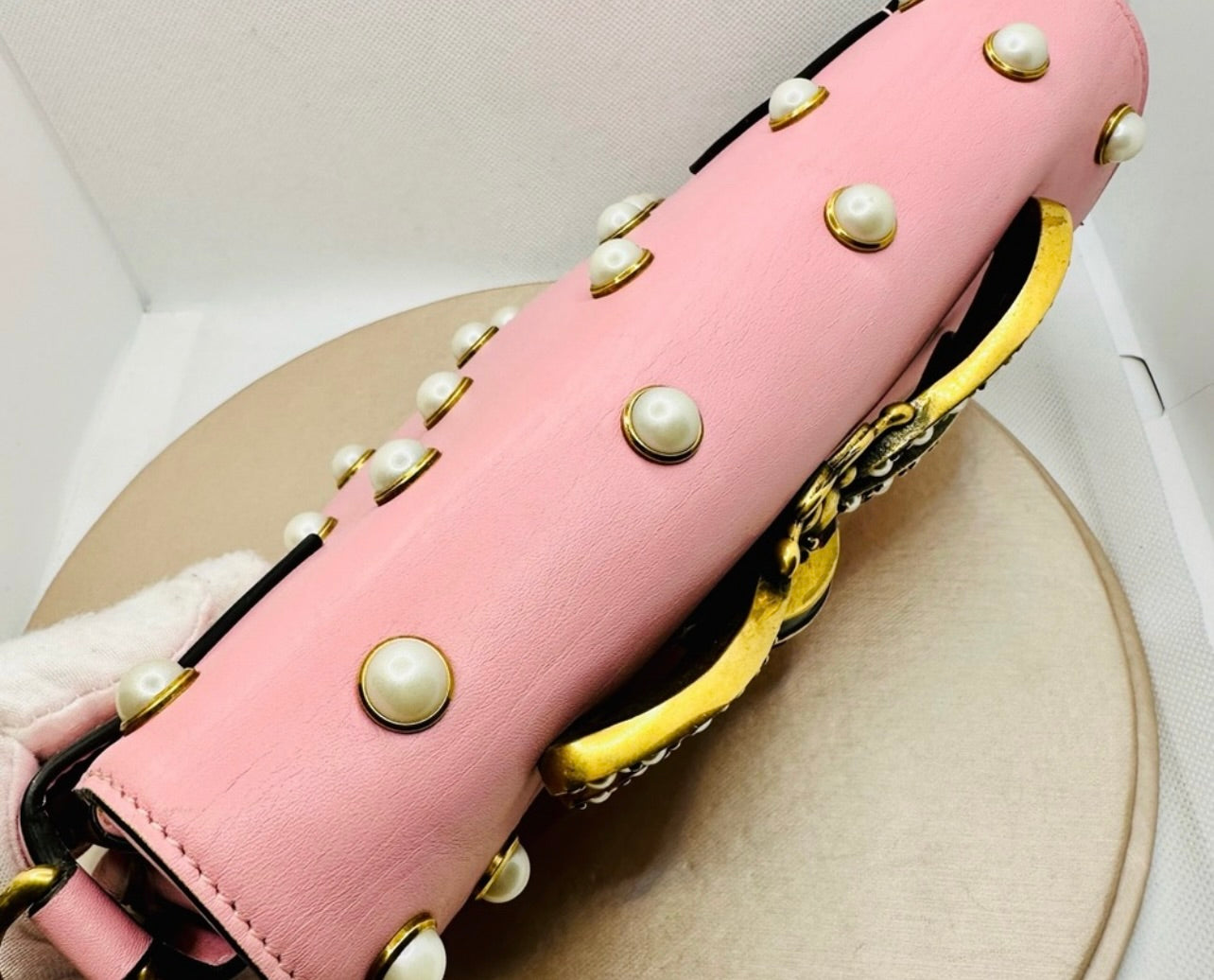 Gucci Sugar Pink Leather Mini Pearl Studded Queen Margaret Broadway Shoulder Bag