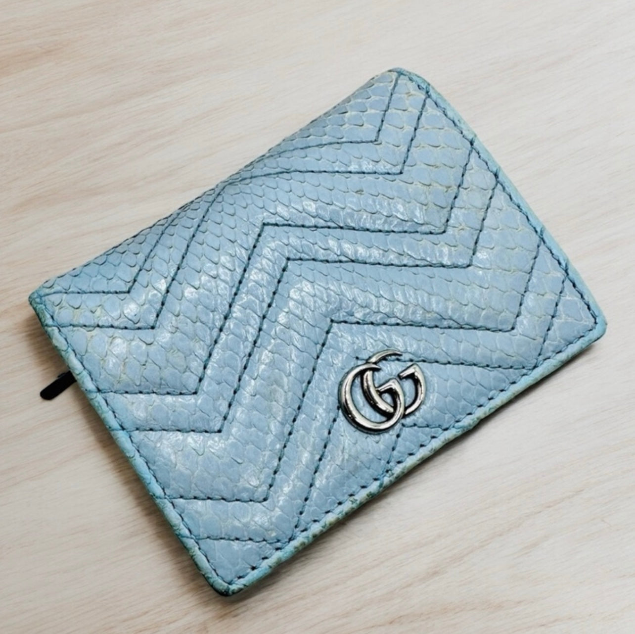 Gucci Baby Blue ‘GG Marmont’ Quilted Python Card Case Wallet