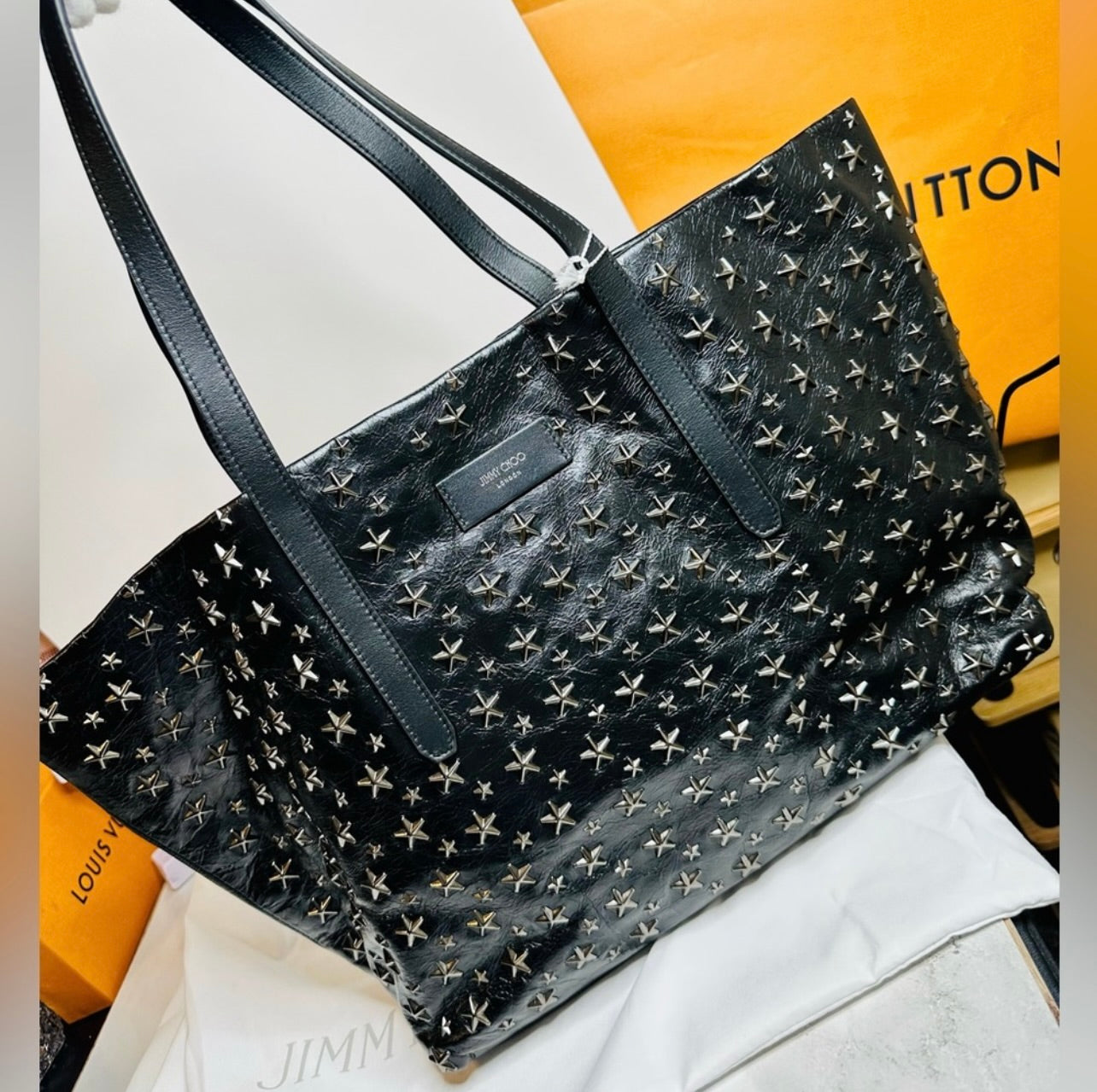 New Jimmy Choo Pimlico/s Black Vintage Leather Gunmetal Star-Stud Embellished Tote
