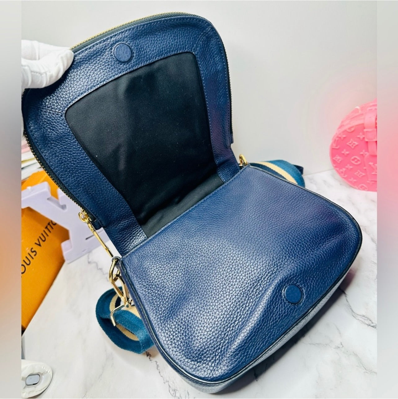 Marc Jacobs Small Navy Blue Pebbled Leather Gotham Saddle Bag