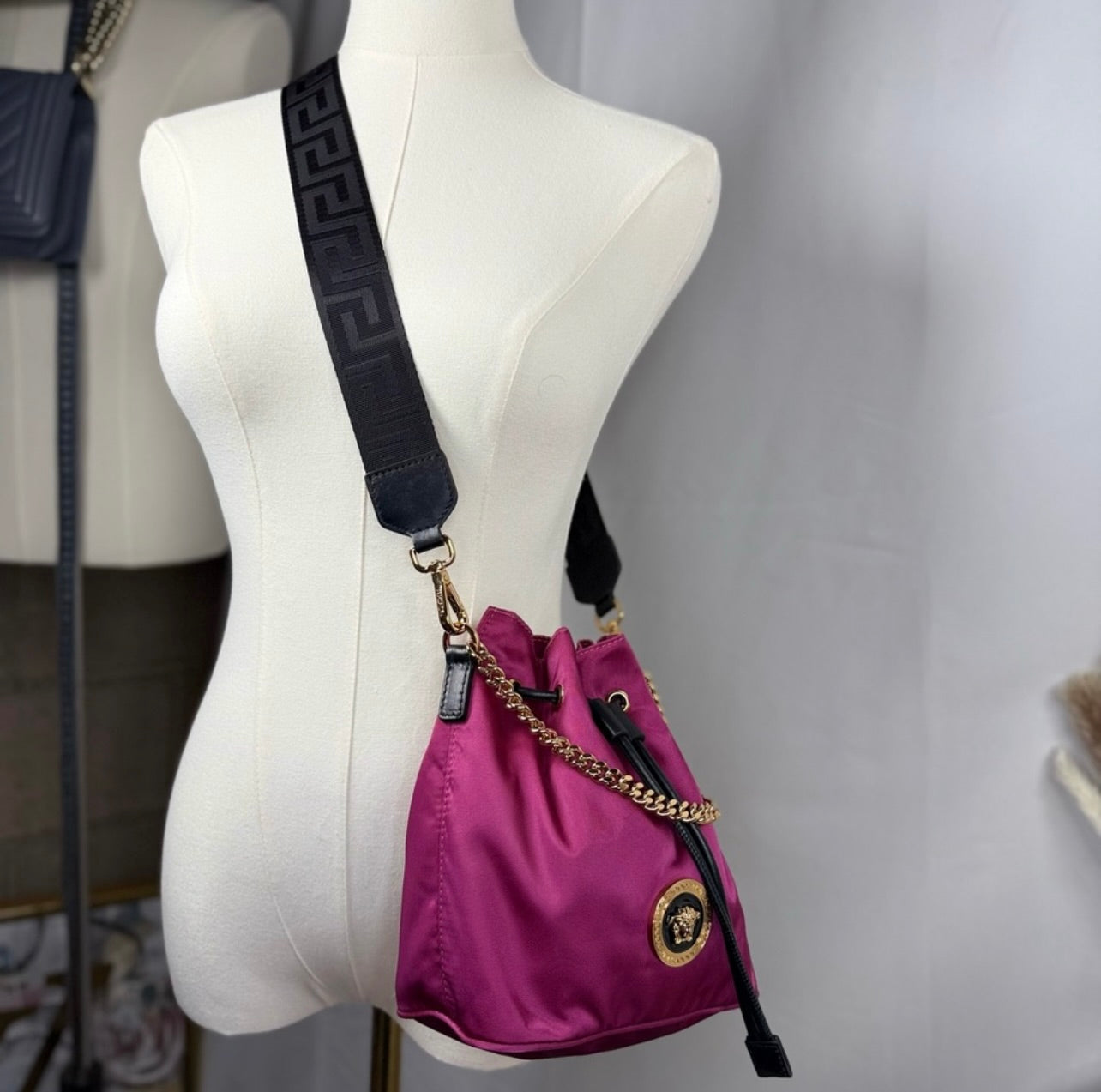New Versace Deep Fuschia Nylon and Black Leather Drawstring Bucket Bag
