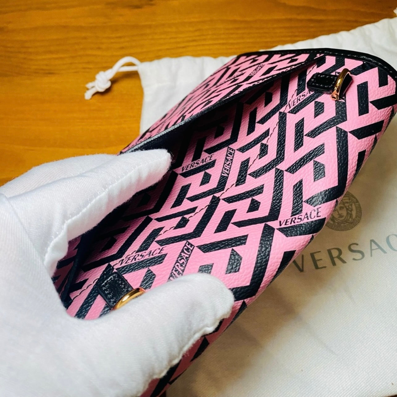 New Versace Pink La Greca Signature Coated Canvas Chain Crossbody Bag