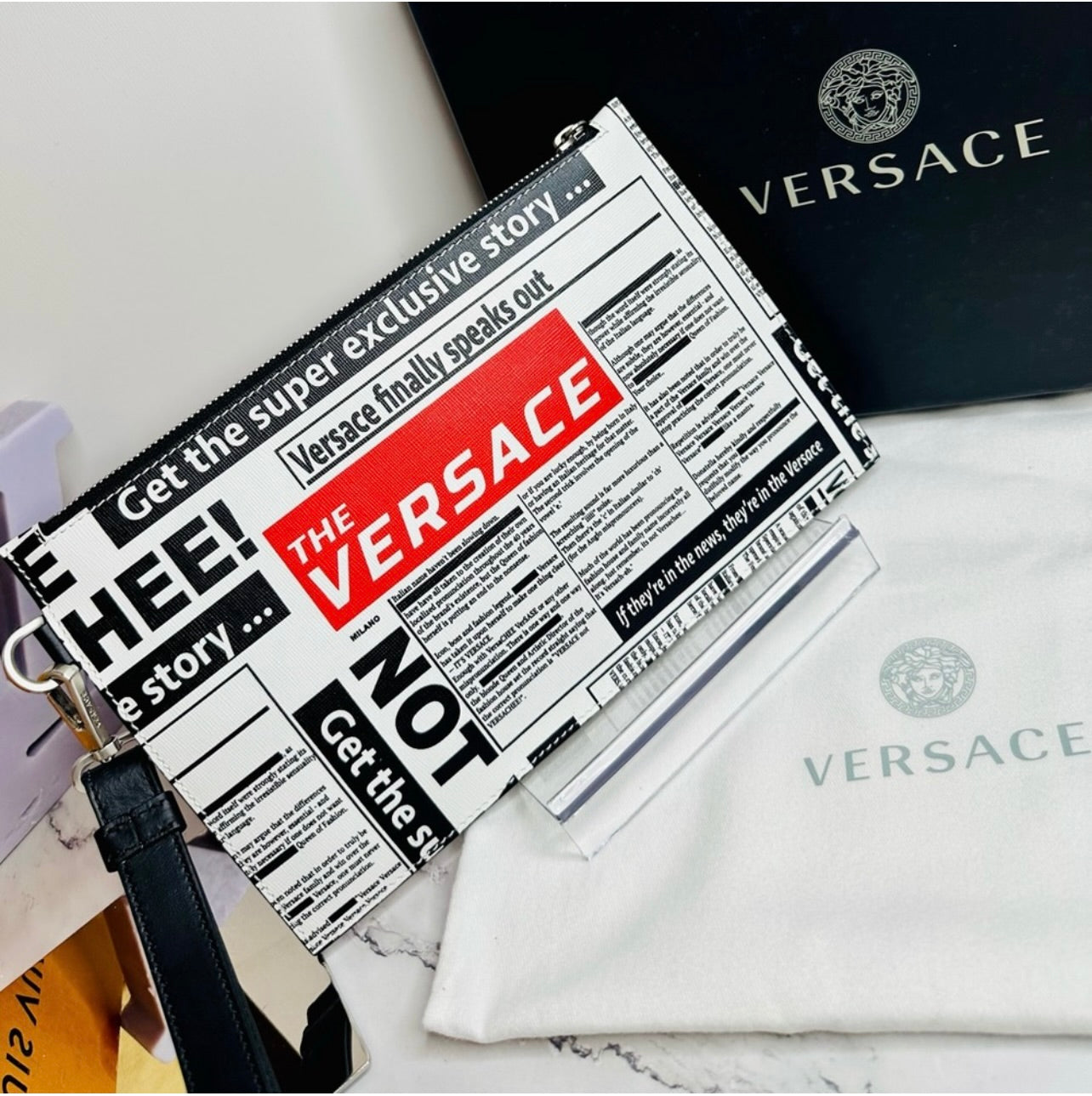 Versace Unisex Tabloid Print Saffiano Leather Wristlet Pouch Bag