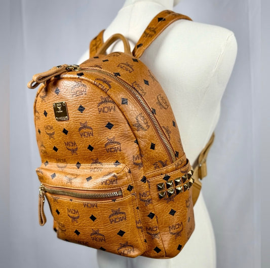 MCM Unisex Small Cognac Stark Visetos Side-Stud Backpack