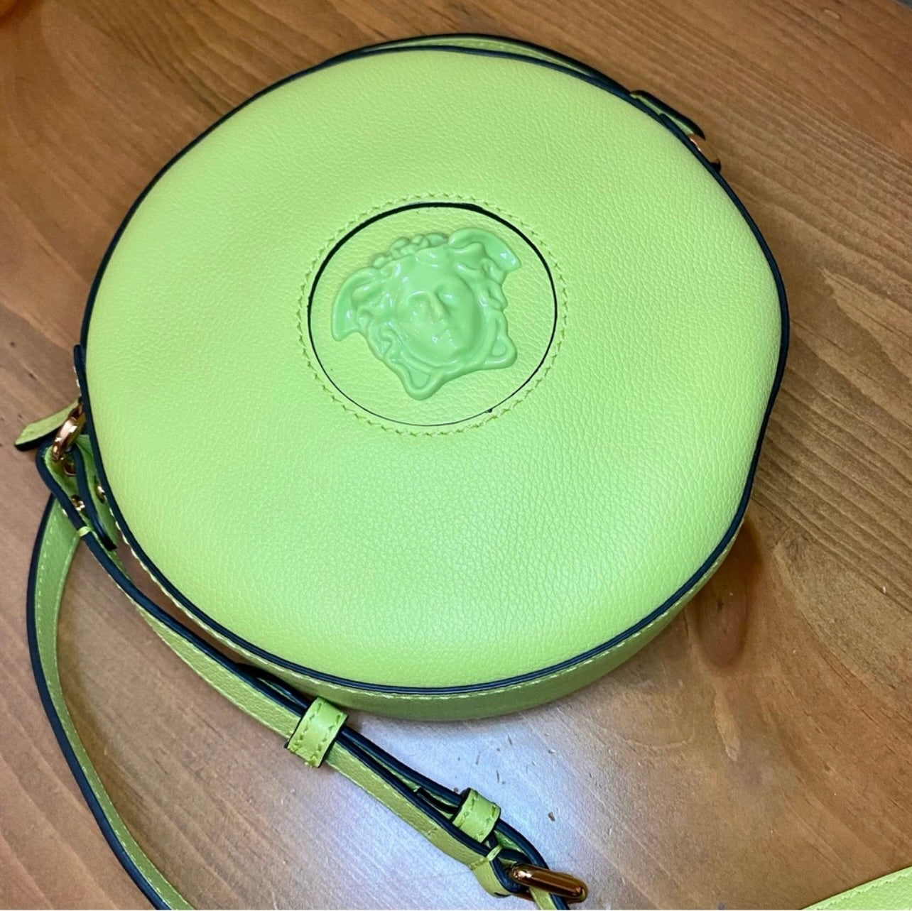 New Versace La Medusa Citron/Green Leather Disco Round Crossbody Bag