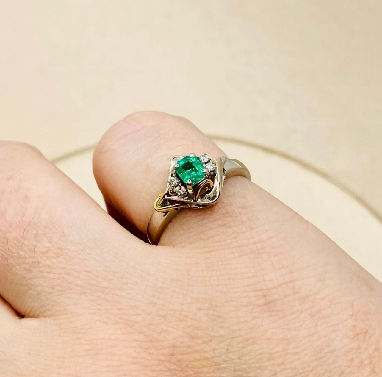 Estate Platinum Natural Emerald & Diamond Ring w/ 18k Yellow Gold Accents