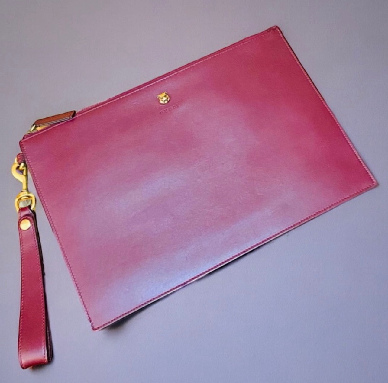 Rare GUCCI Tiger Animalier Bordeaux Leather Oversized Wristlet Clutch