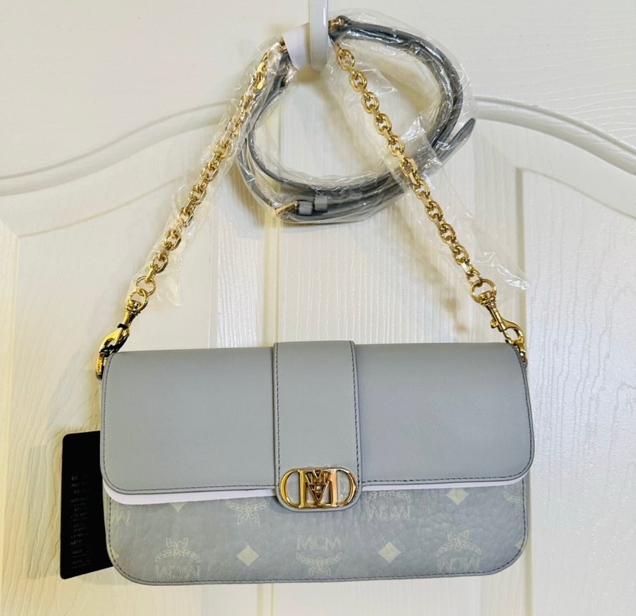 New MCM Misty Gray Mode Travia Logo Mixed Leather Shoulder Bag