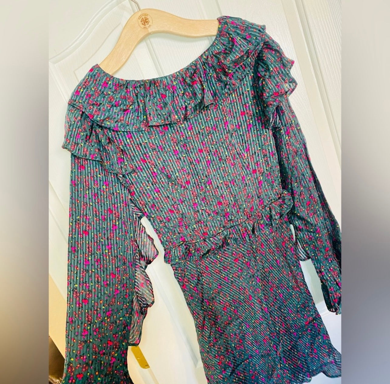 FREE PEOPLE Green Floral Print Sweetest Thing Ruffled Mini Dress