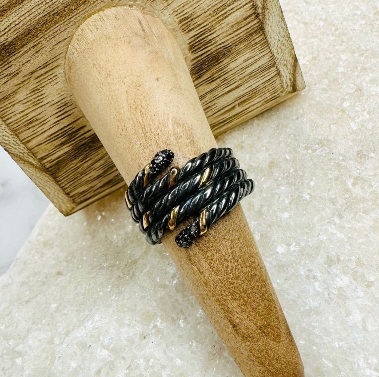 EUC David Yurman Blackened Silver & Gold Willow Serpent Ring w/ Black Diamonds