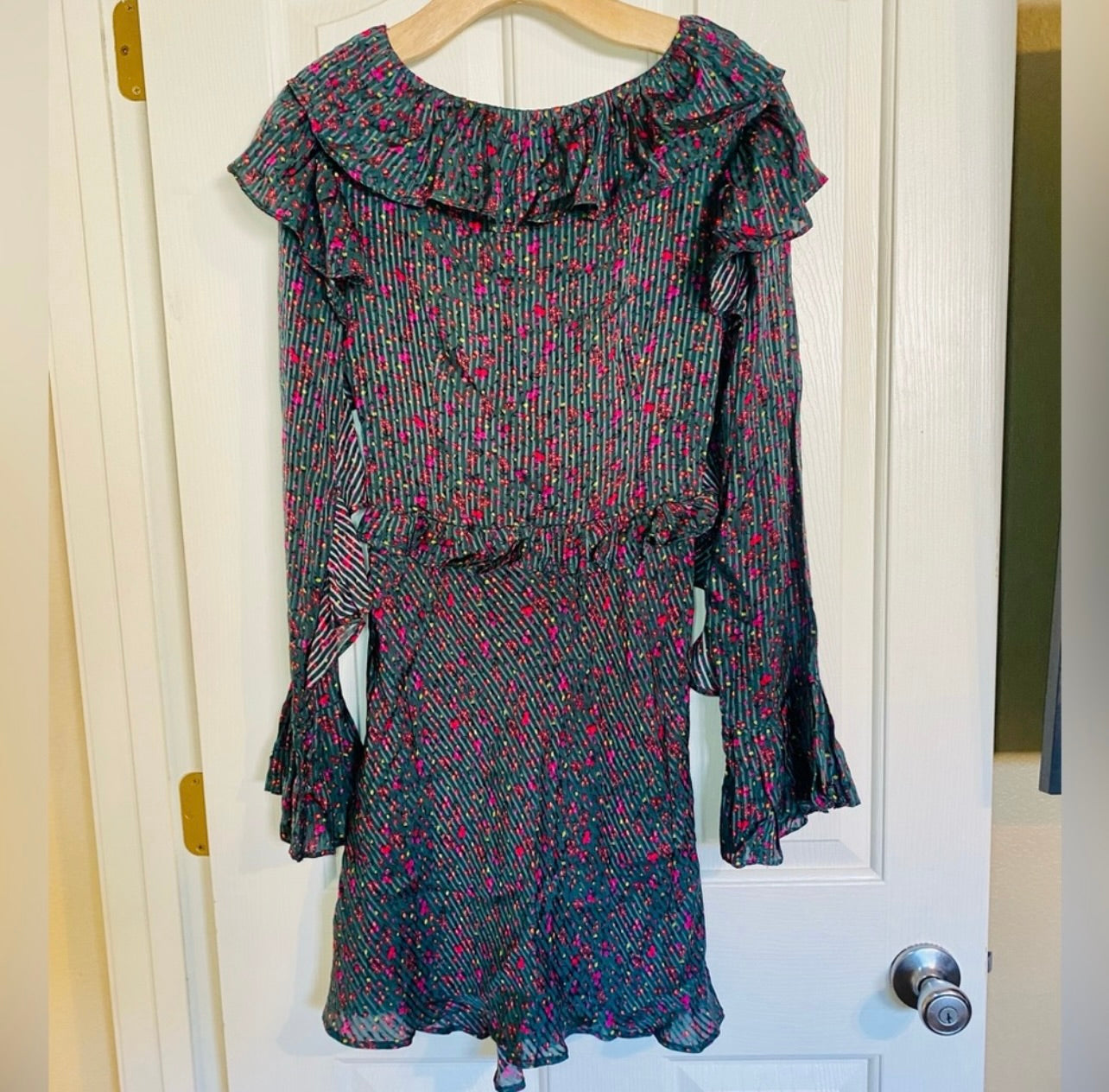 FREE PEOPLE Green Floral Print Sweetest Thing Ruffled Mini Dress