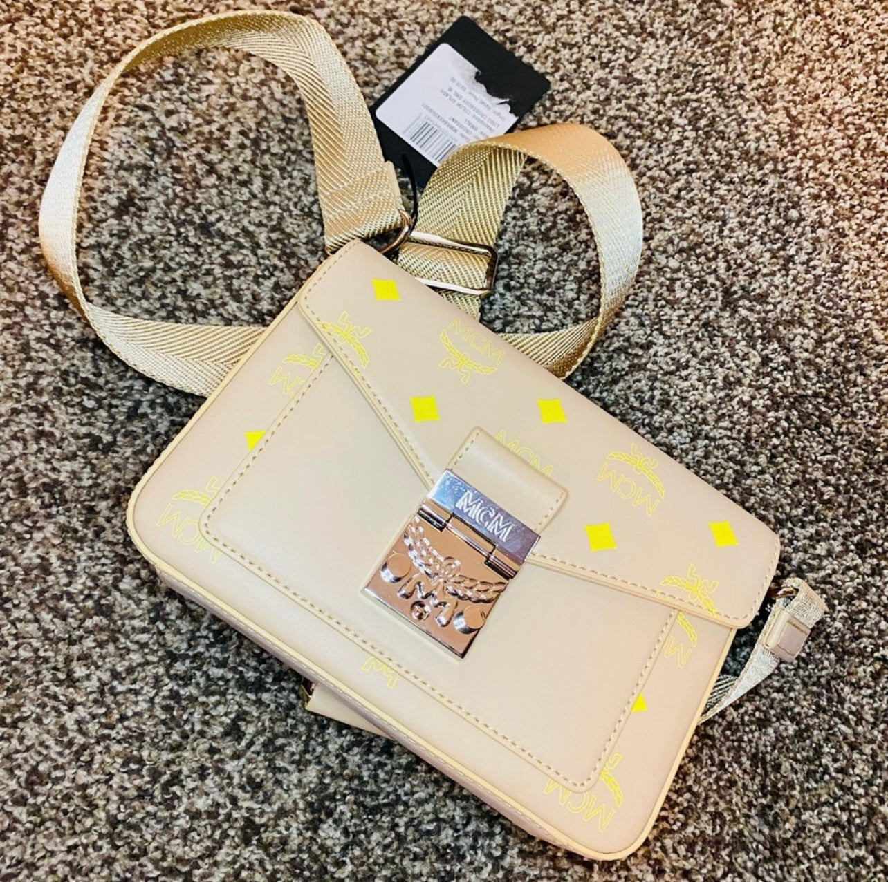New MCM Millie Croissant Yellow Small Color Splash Logo Leather Crossbody Bag