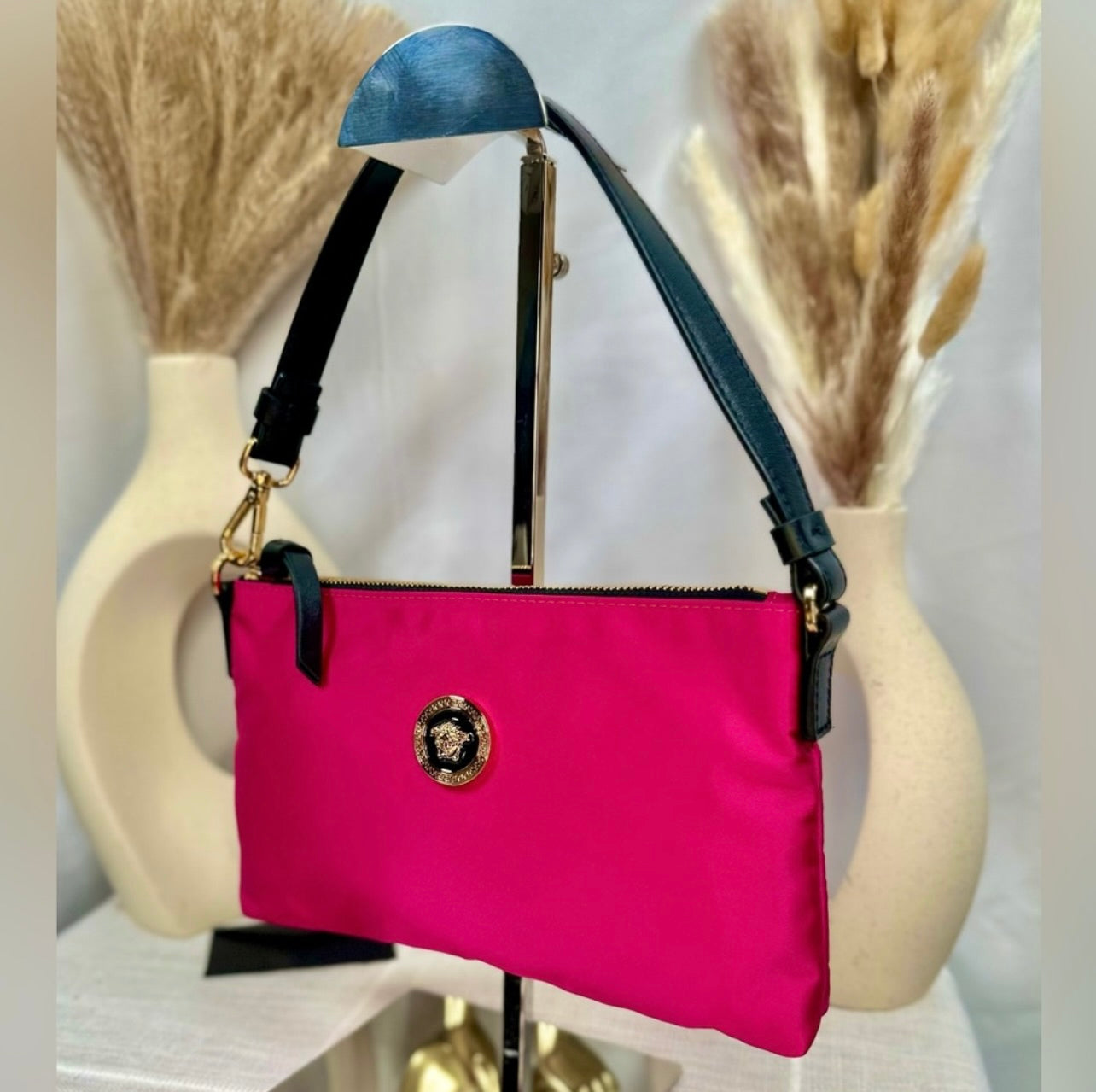 New Versace Hot Pink Flamingo Satin Nylon Pouchette Bag