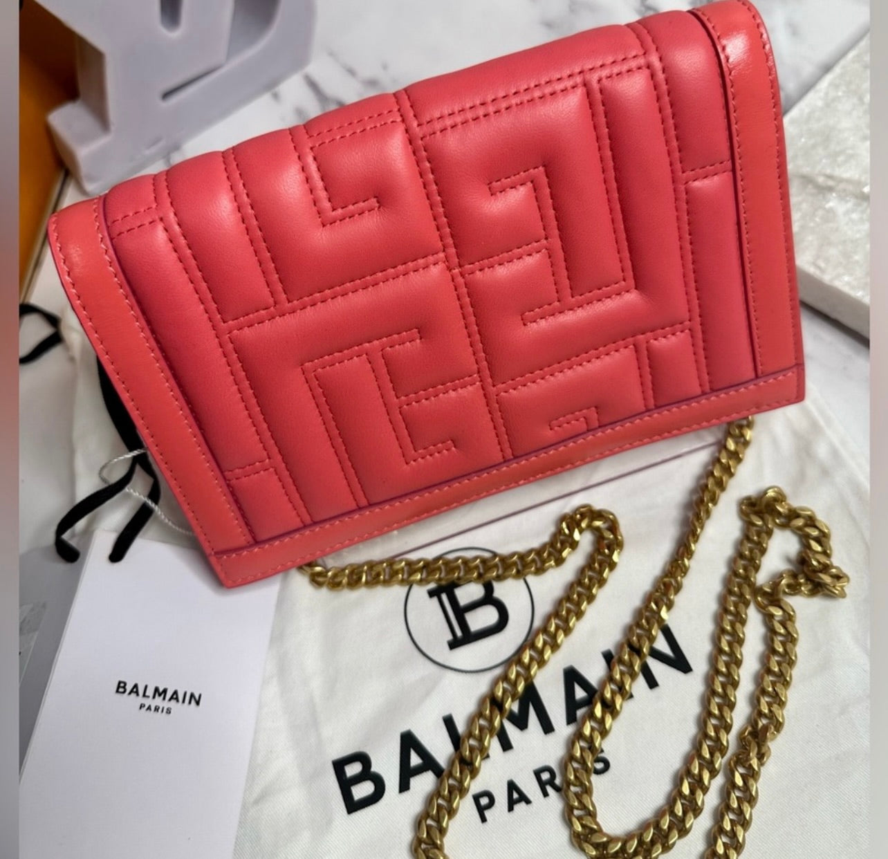New Balmain Mini 1945 Rose Saumon Quilted Leather Bag