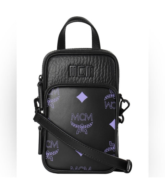 New Unisex MCM Black Leather Color Splash Logo Mini Crossbody Bag
