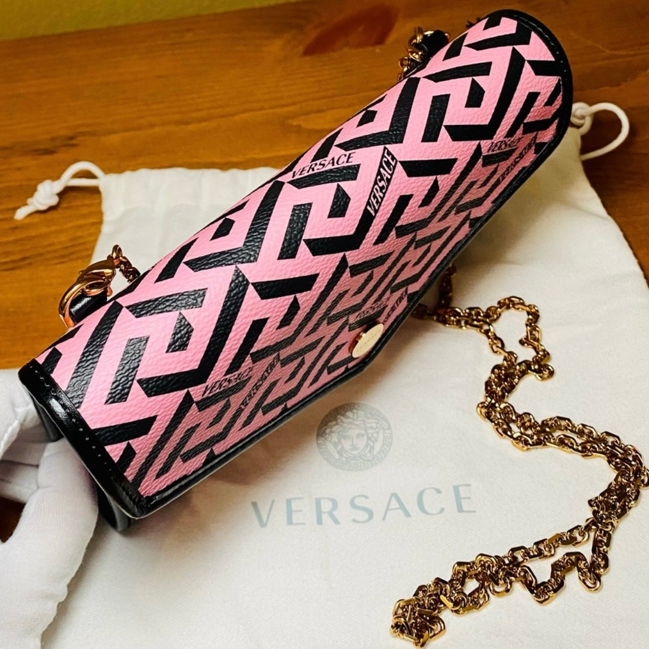 New Versace Pink La Greca Signature Coated Canvas Chain Crossbody Bag