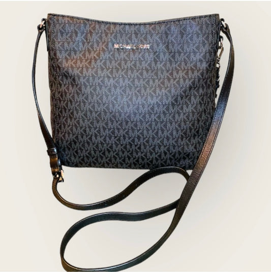 New Michael Kors Black Signature Coated Canvas Jet Set Travel Large Messenger Bag