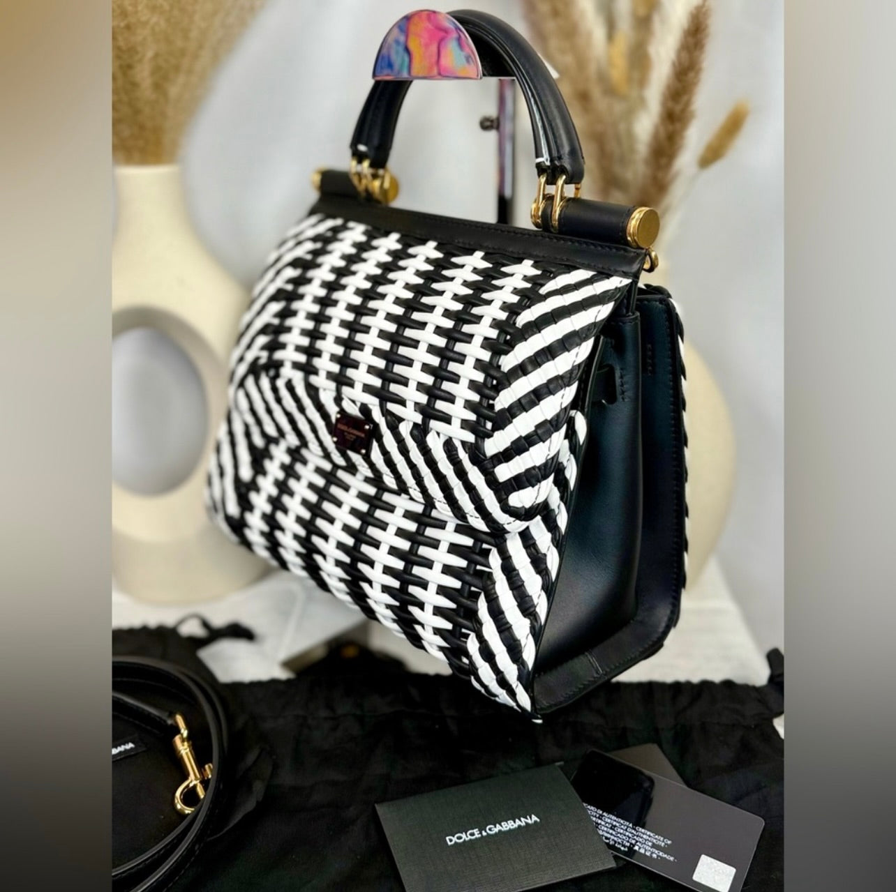 New Dolce & Gabbana Black & White Woven Leather Medium Sicily 58 Bag