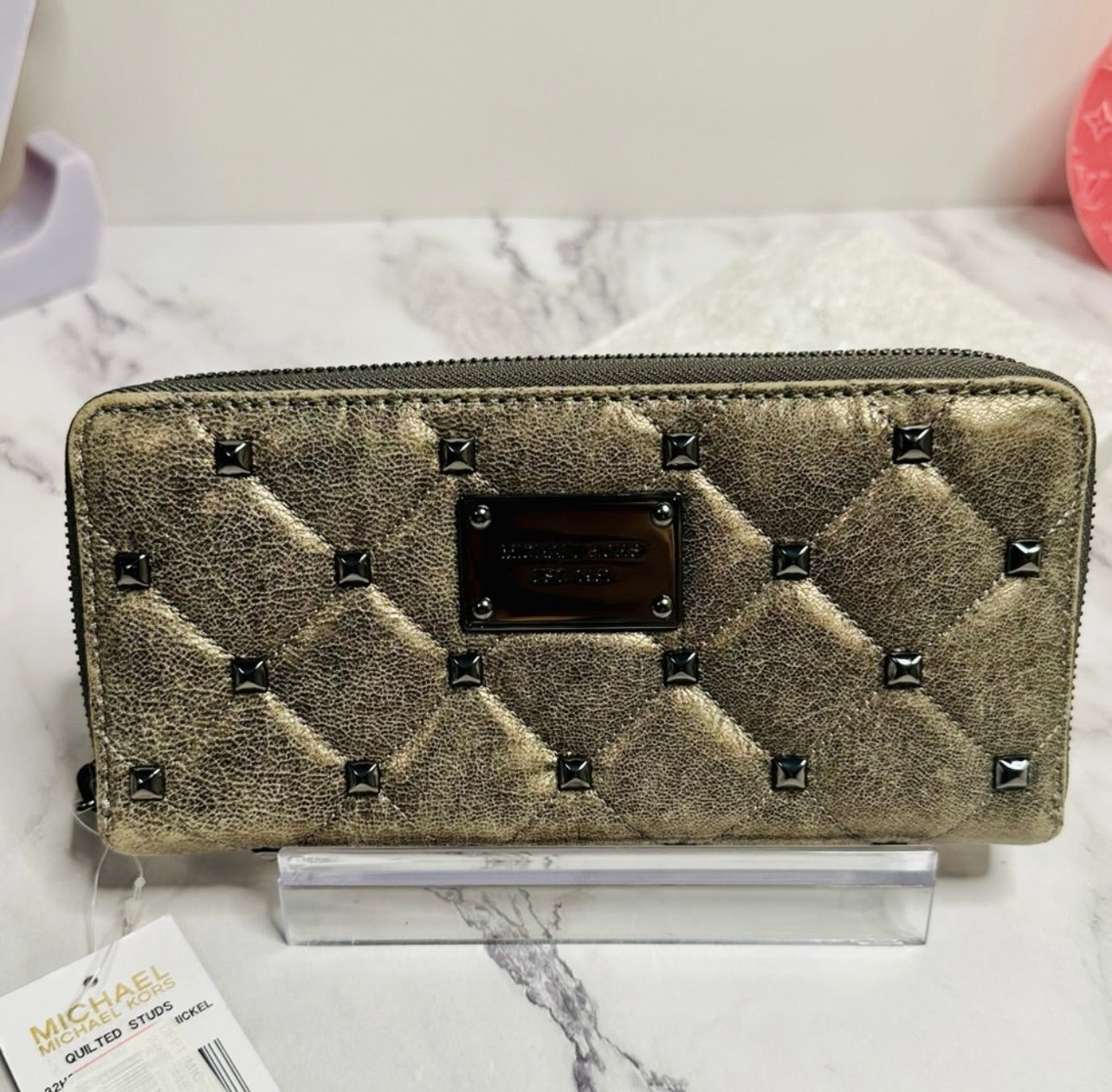 New Michael Kors Distressed Quilted Dark Gray Nickel Leather & Stud Long Wallet