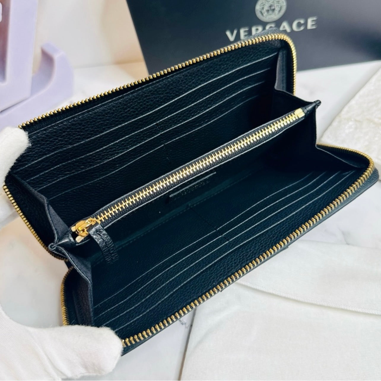 New Versace Two-Toned Black & Beige Grainy Calf Leather Virtus Continental Zip Around Wallet