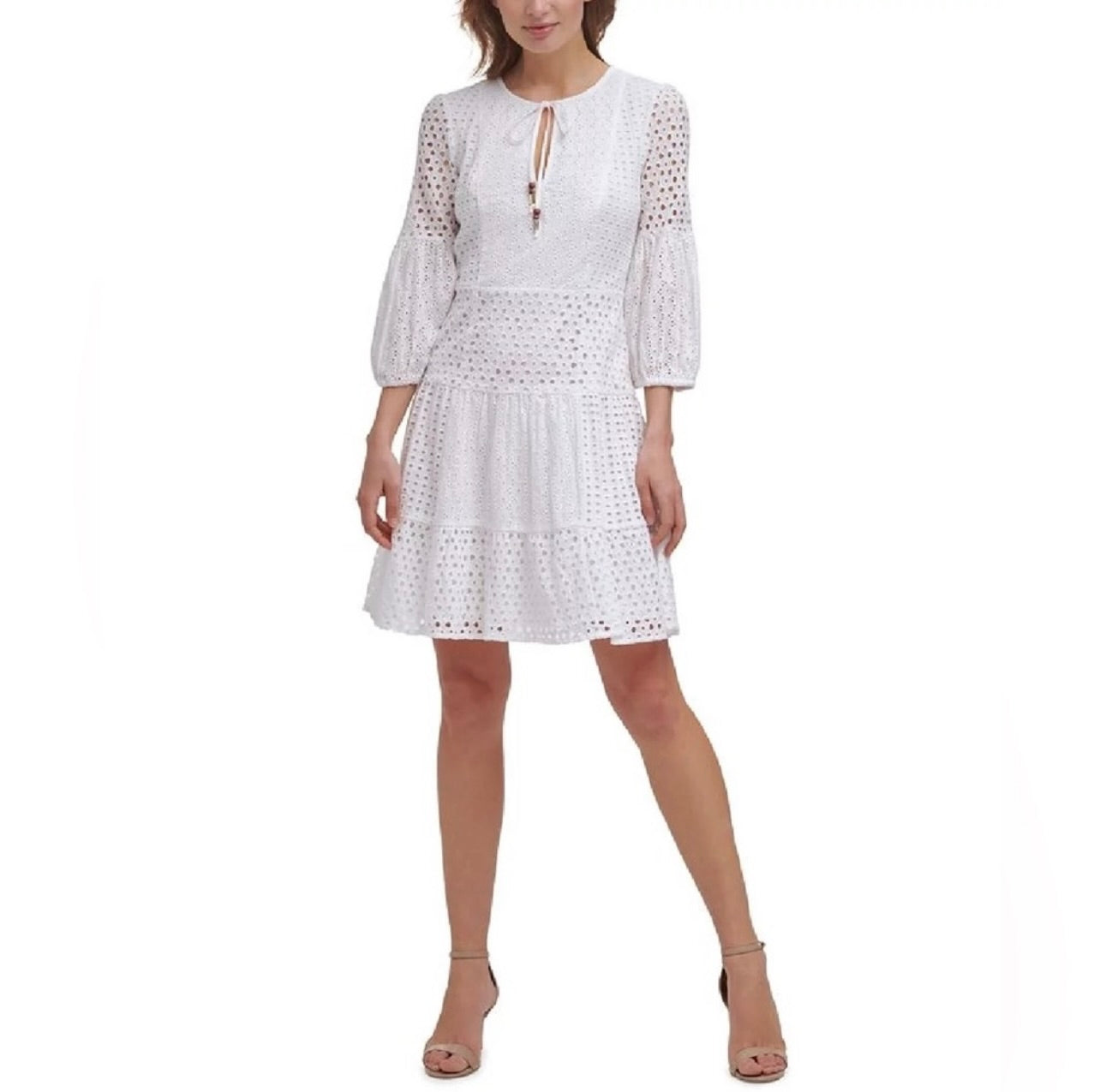 Vince Camuto 3/4 Lantern Sleeve White Eyelet Lace Fir & Flare Dress
