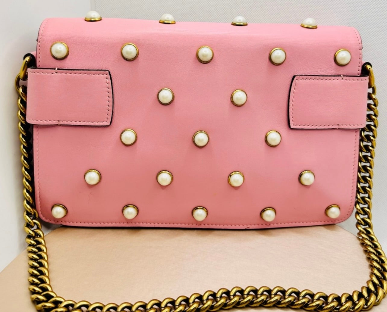 Gucci Sugar Pink Leather Mini Pearl Studded Queen Margaret Broadway Shoulder Bag