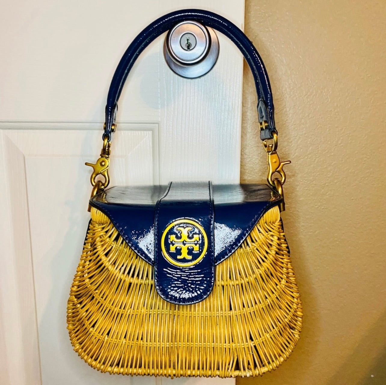 Tory Burch Navy Blue Patent Leather & Lacquered Rattan Basket Bag