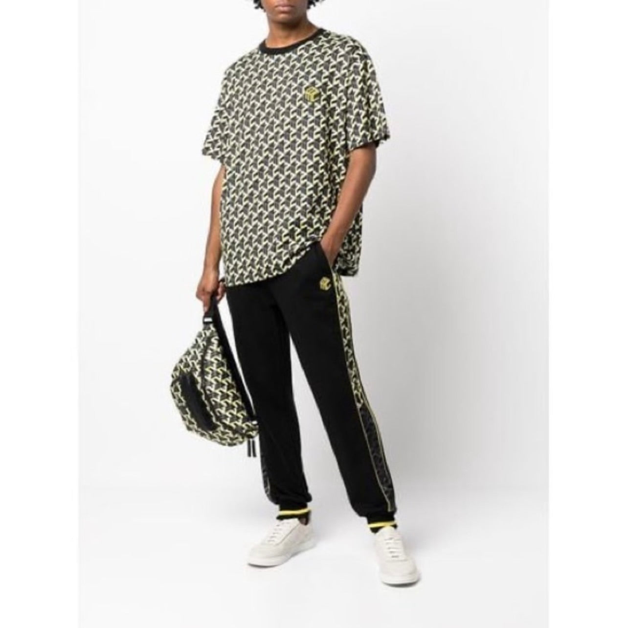 New Unisex MCM Large Black & Yellow Cubic Logo Nylon Belt Bag