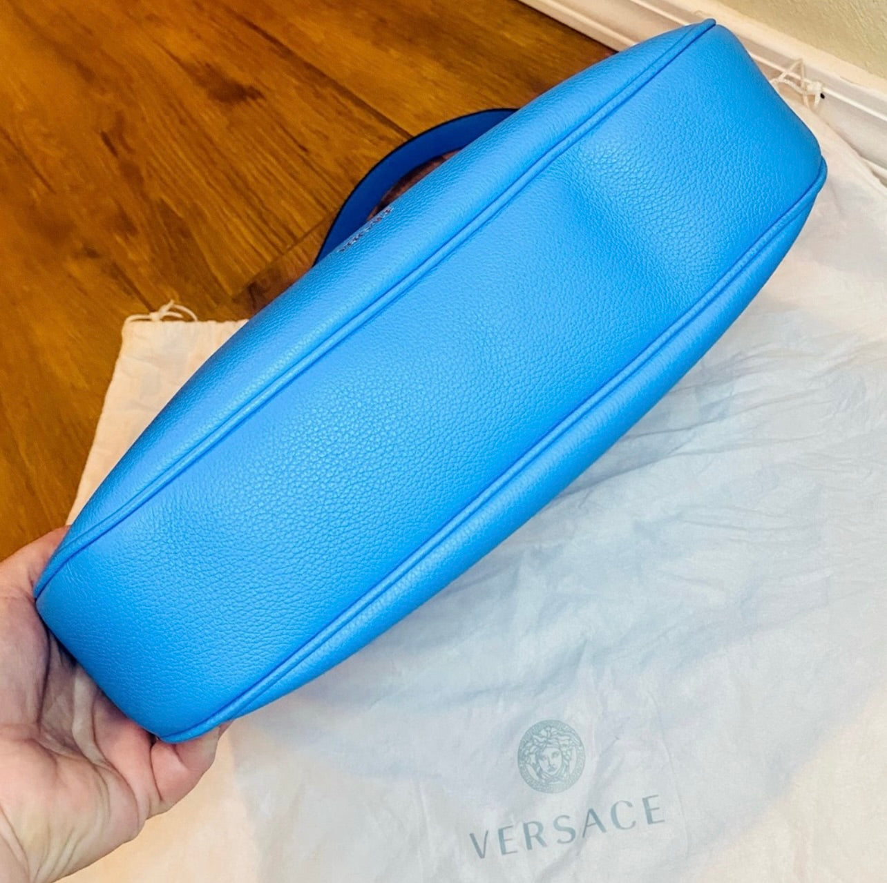 New VERSACE La Medusa Blue Leather Medium Hobo Convertible Strap Bag