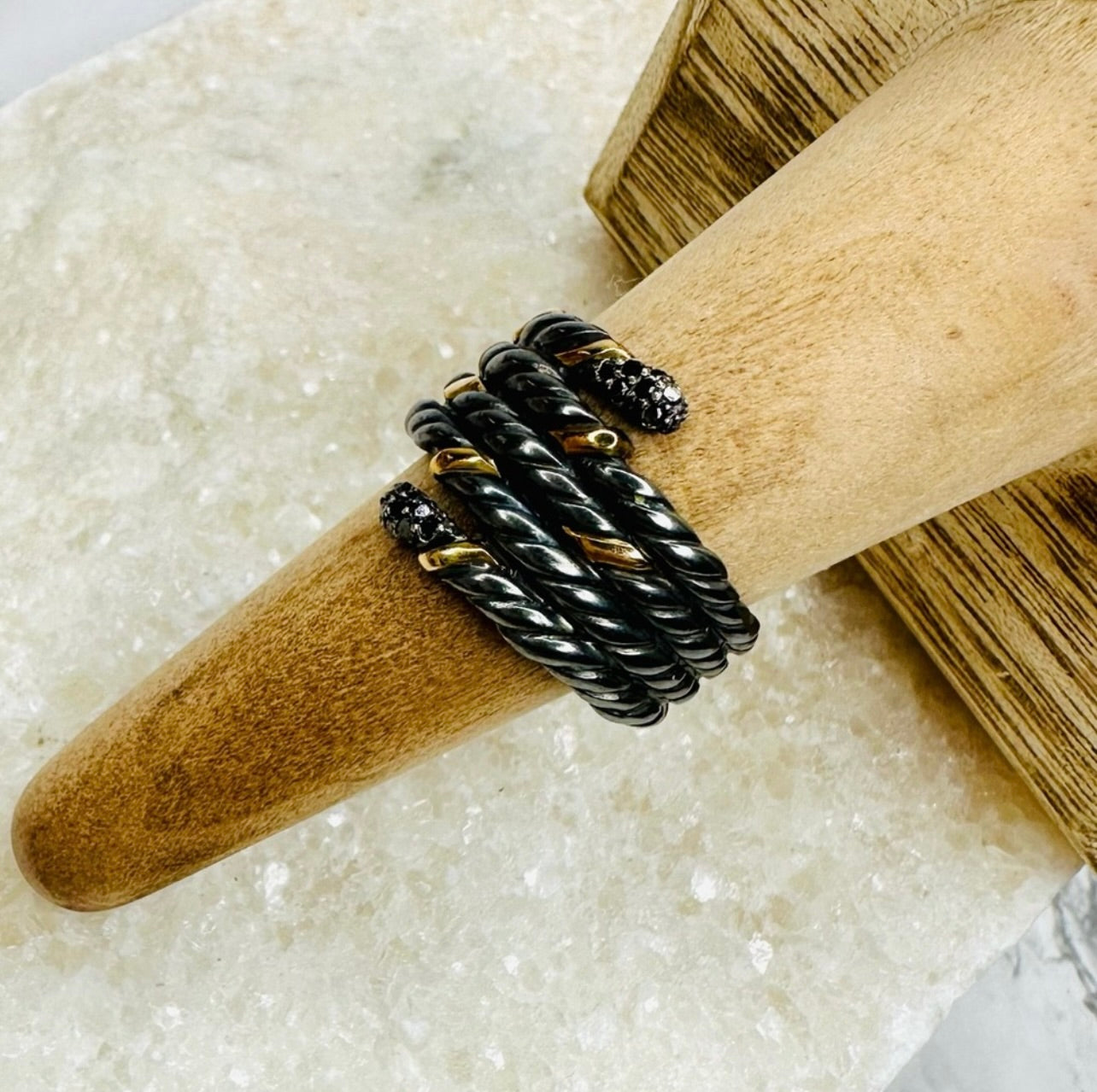 EUC David Yurman Blackened Silver & Gold Willow Serpent Ring w/ Black Diamonds