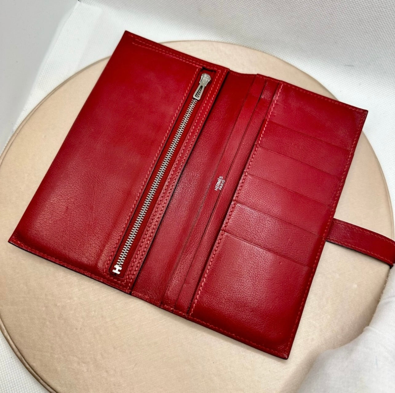 Hermés Dark Red Rouge Leather Bearn Verso Gusset Wallet