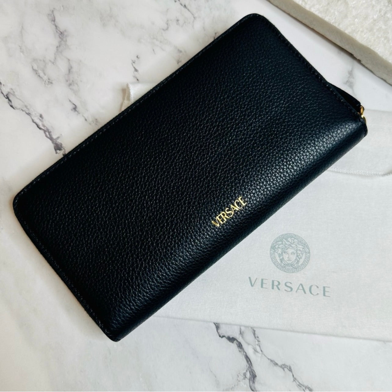 New Versace Two-Toned Black & Beige Grainy Calf Leather Virtus Continental Zip Around Wallet