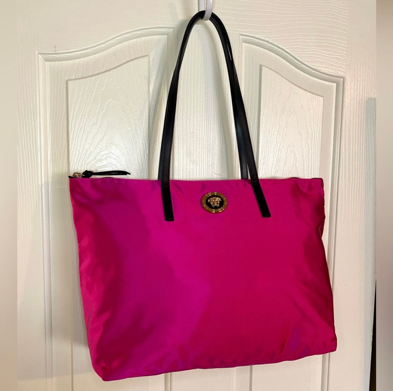 New VERSACE Flamingo Pink Nylon Medusa Tote Bag