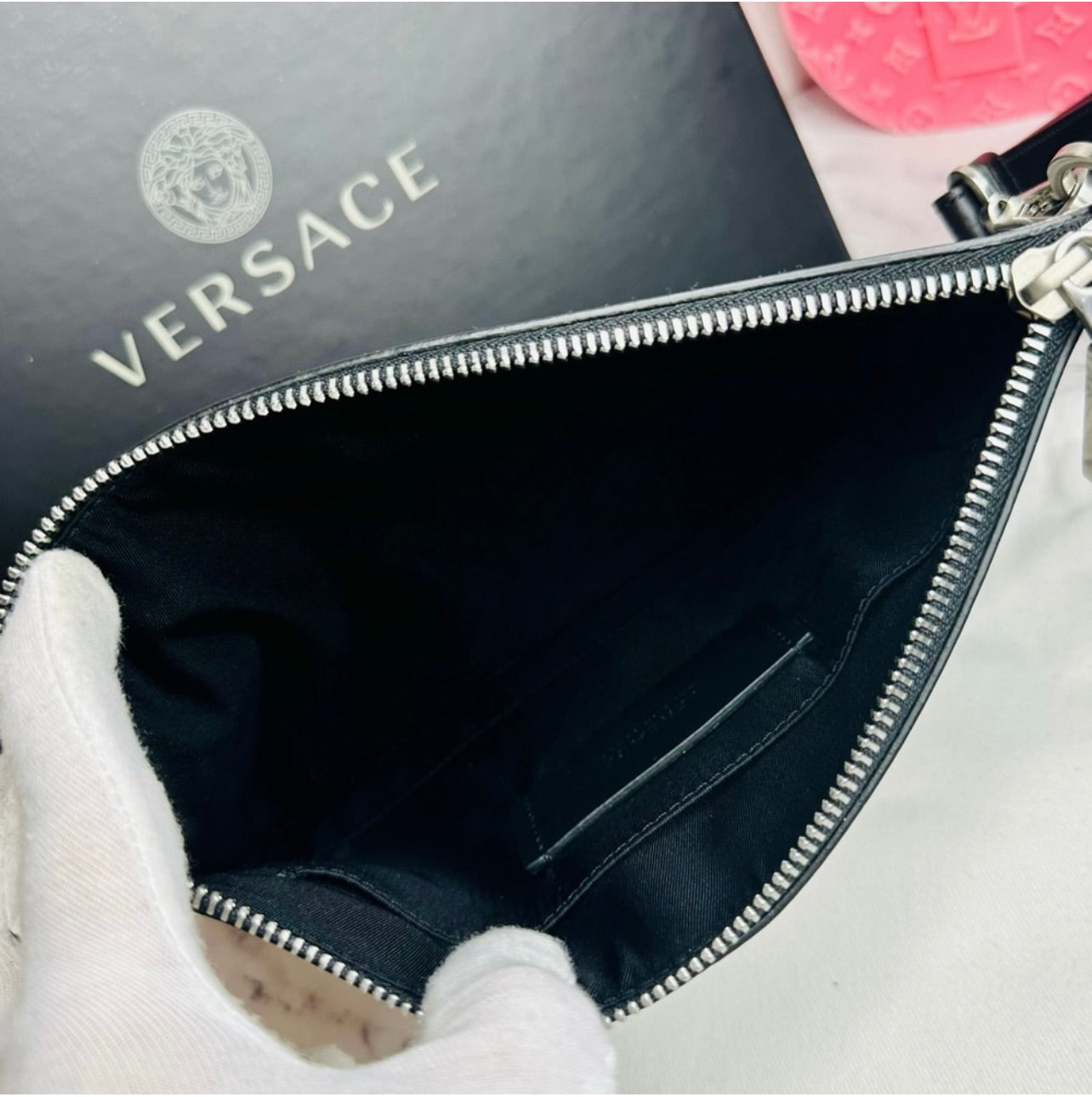 Versace Unisex Tabloid Print Saffiano Leather Wristlet Pouch Bag