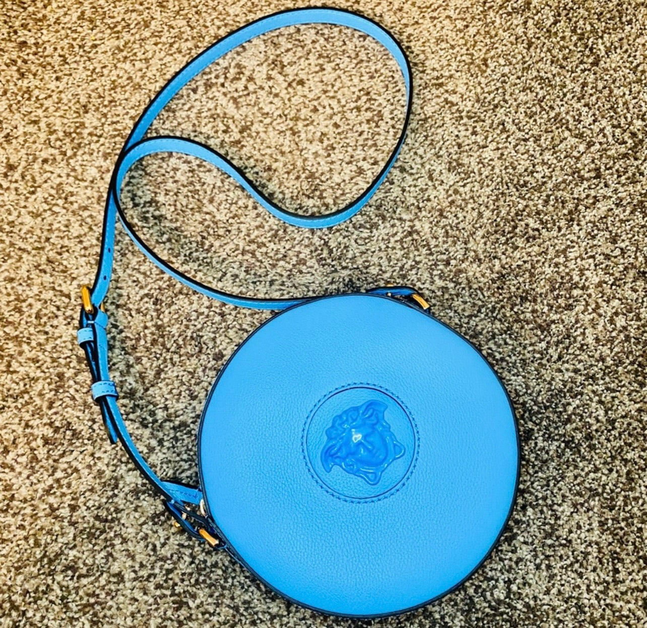 New Versace La Medusa Blue/Cerulean Leather Disco Round Crossbody Bag