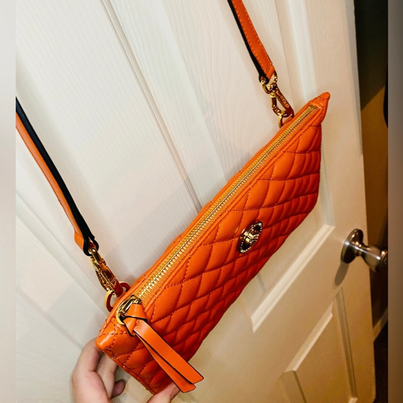 New Versace Quilted Dark Orange Lambskin Leather Small Crossbody Pouch