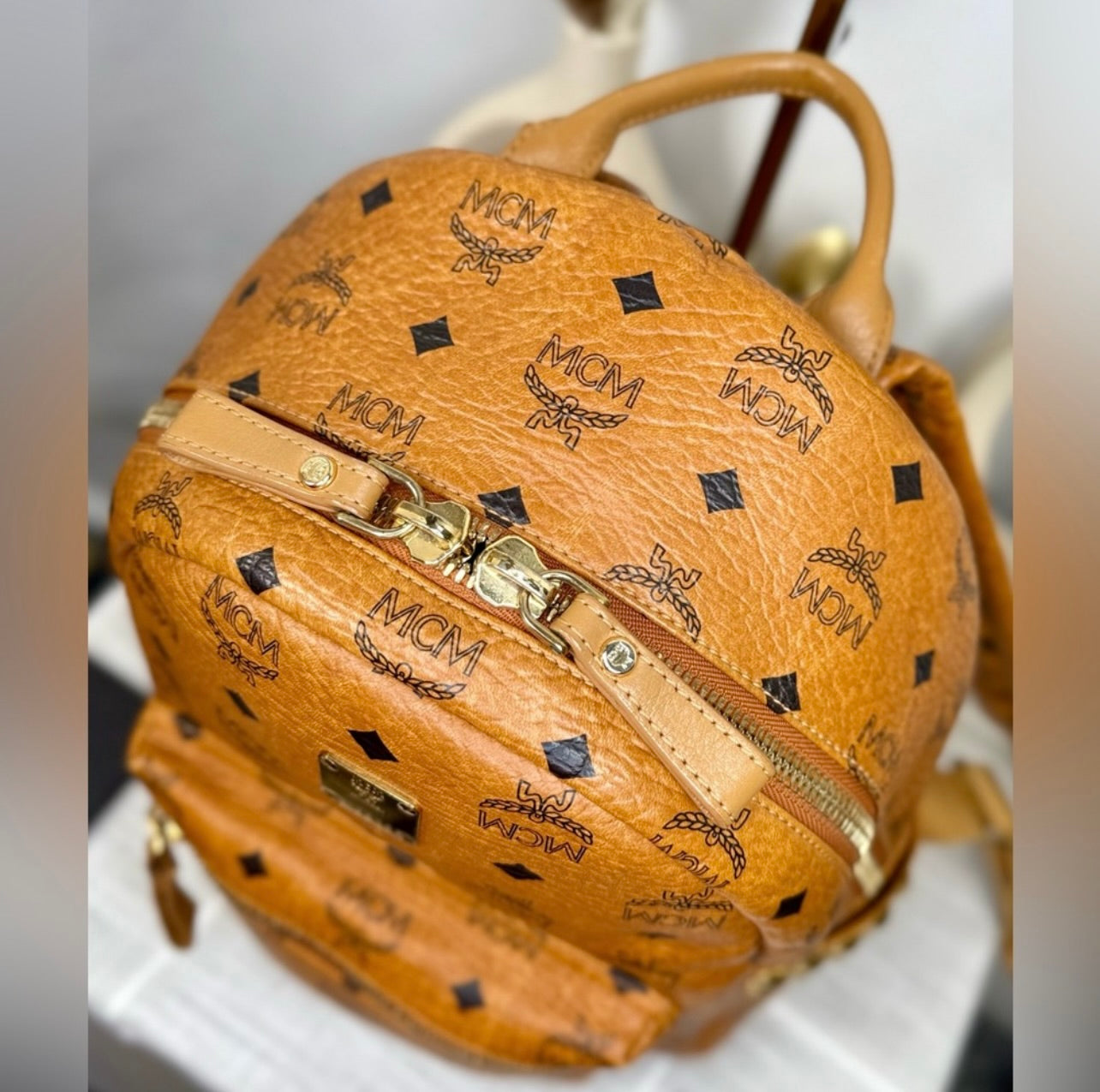 MCM Unisex Small Cognac Stark Visetos Side-Stud Backpack