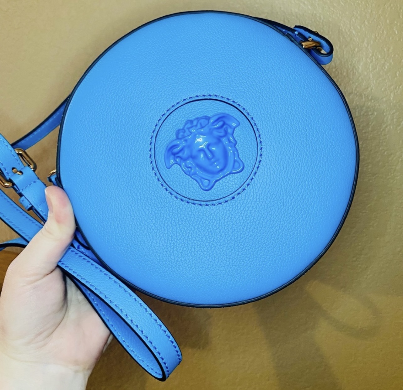 New Versace La Medusa Blue/Cerulean Leather Disco Round Crossbody Bag