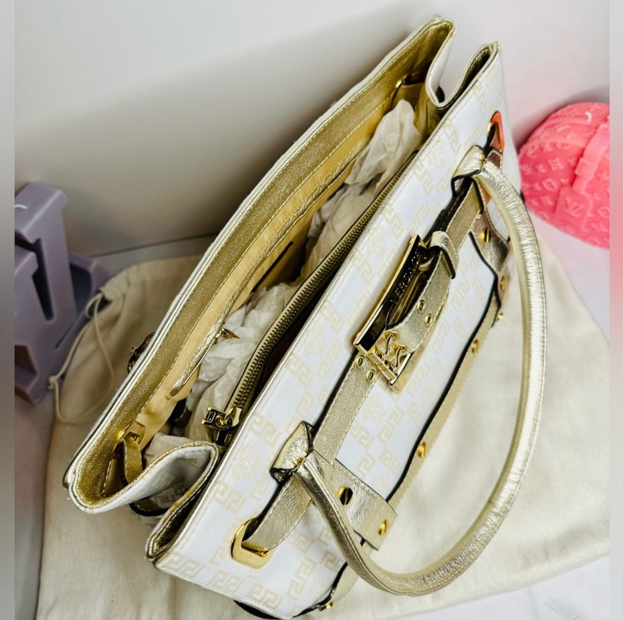 EUC VERSACE Medusa Gold & Cream Logo Print Canvas & Leather Shoulder Bag