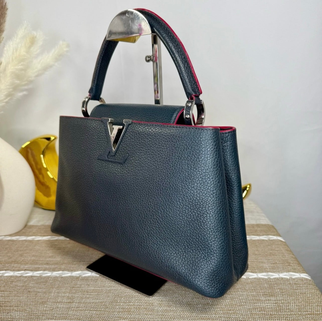 Louis Vuitton Cobalt Blue Taurillon Leather Capucines MM Bag w/ Fuchsia Trim