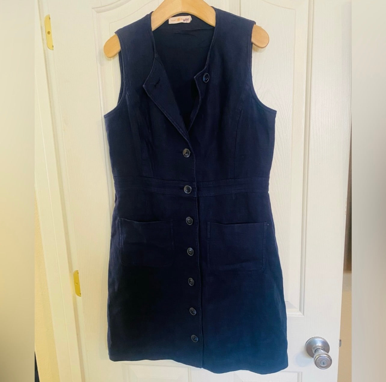 Tory Burch Indigo Navy Blue Button-Front Sleeveless Linen Shift Dress