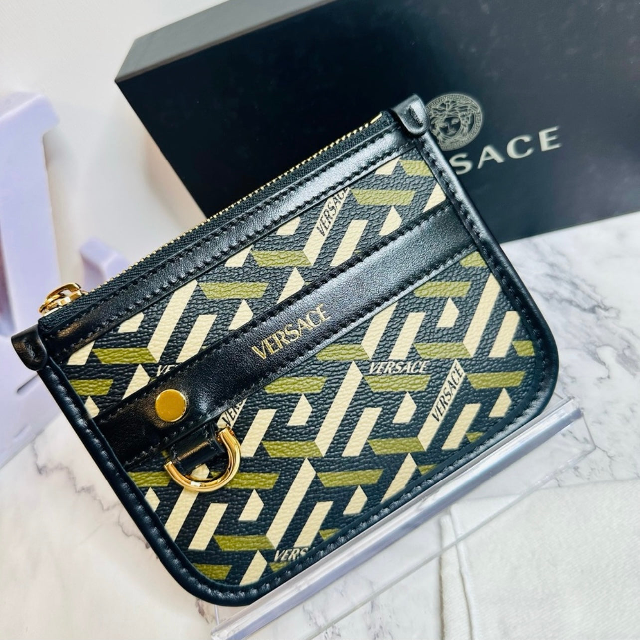 New Versace Khaki/Tan/Black La Greca & Black Leather Signature Modular Pouch