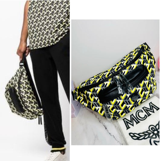 New Unisex MCM Large Black & Yellow Cubic Logo Nylon Belt Bag
