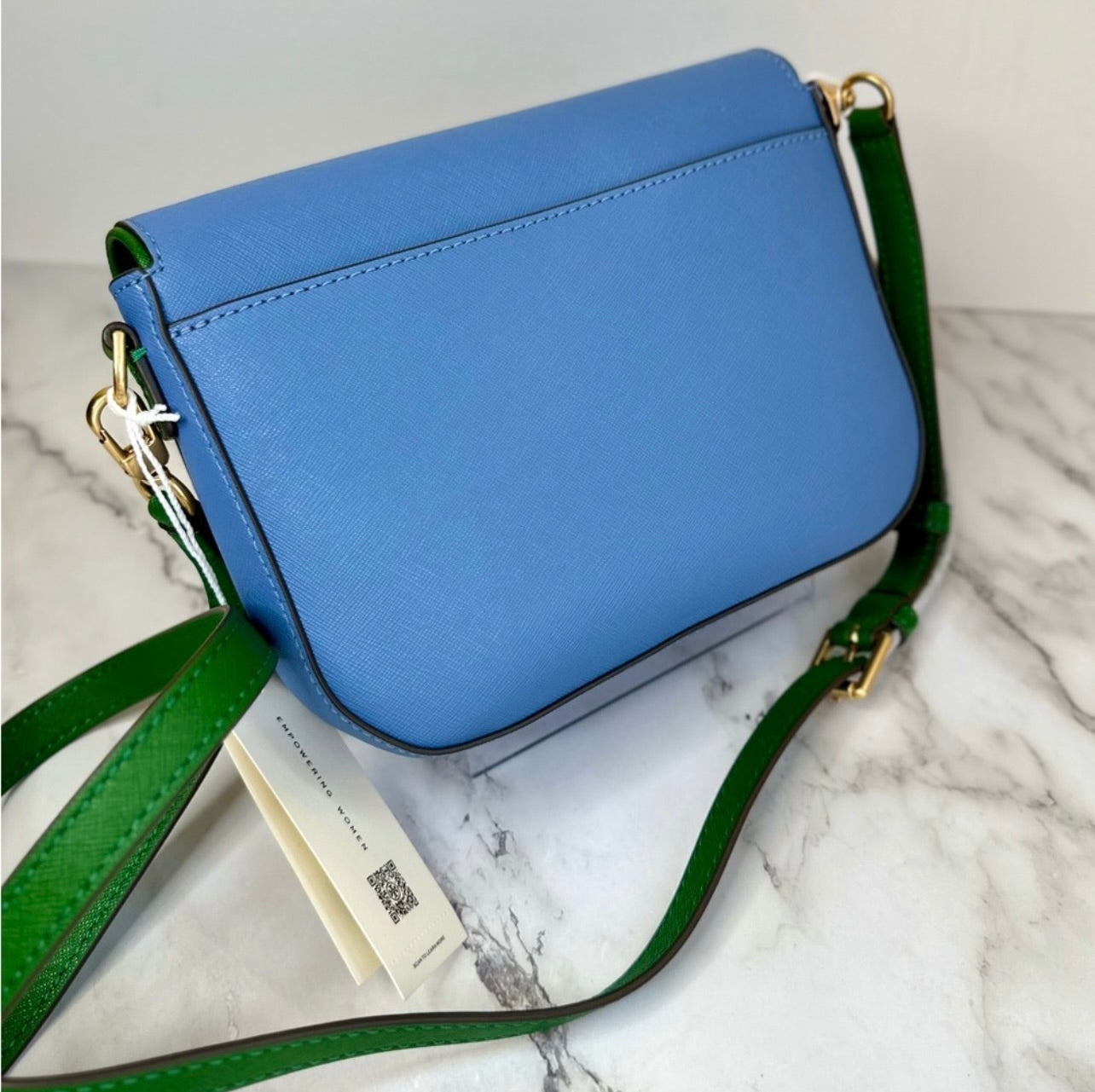 New Tory Burch Bluewood & Arugula Saffiano Leather Emerson Color Block Crossbody Bag