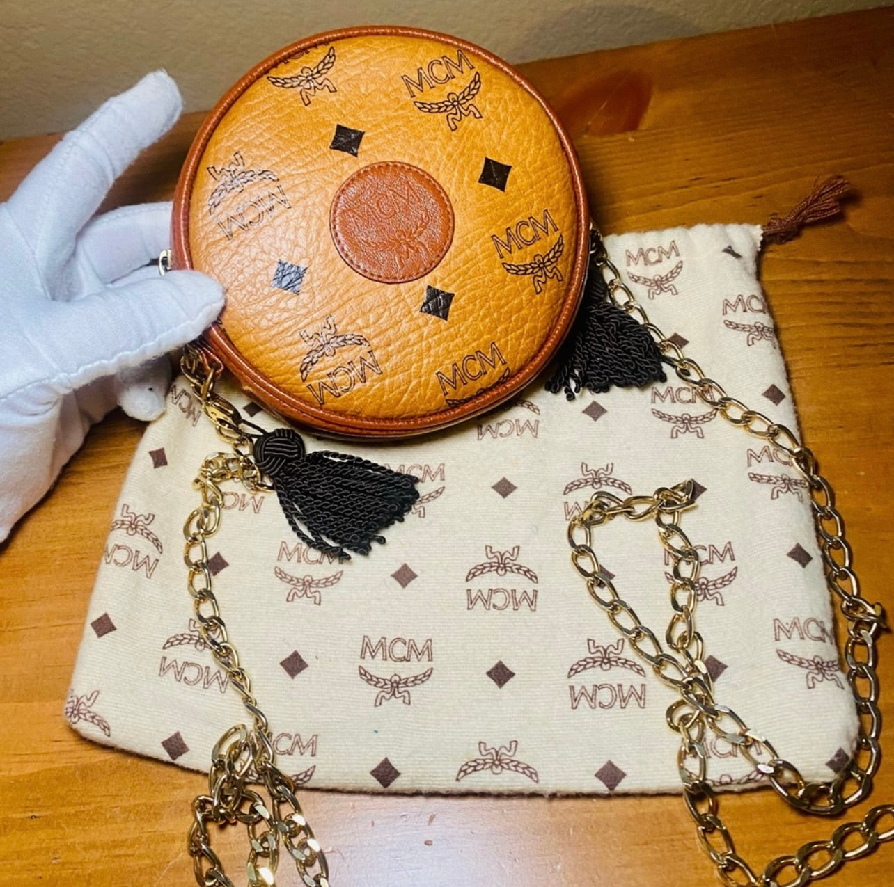 RARE Vintage MCM Monogram Mini Suzy Wong Bag w/ Brown Tassels